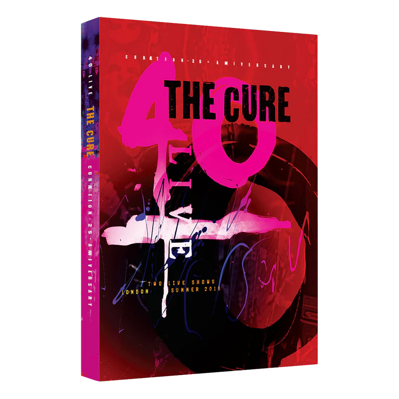 Red and black album cover for 'The Cure' with prominent text and abstract design.