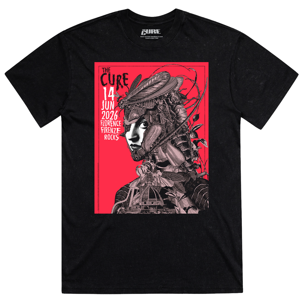 Black shirt featuring artwork of a woman composed of insects and vines and a building in front of a red background, with "The Cure" logo and Florence-specific event details on the top right.