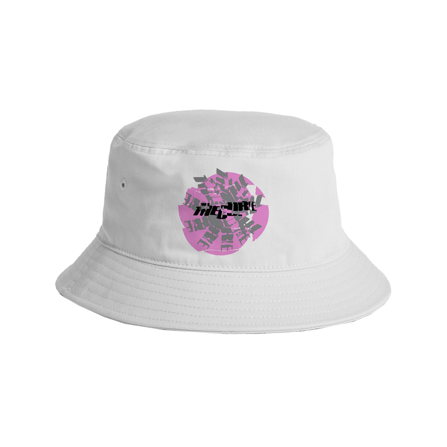 Classic bucket hat in white featuring a grey and pink circular The Cure logo design on the front.