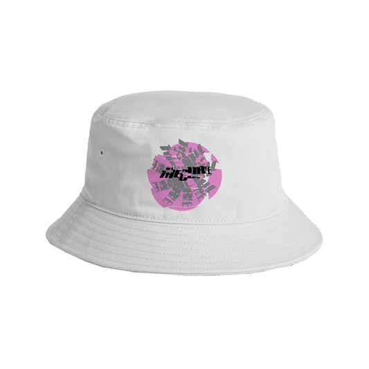 Classic bucket hat in white featuring a grey and pink circular The Cure logo design on the front.