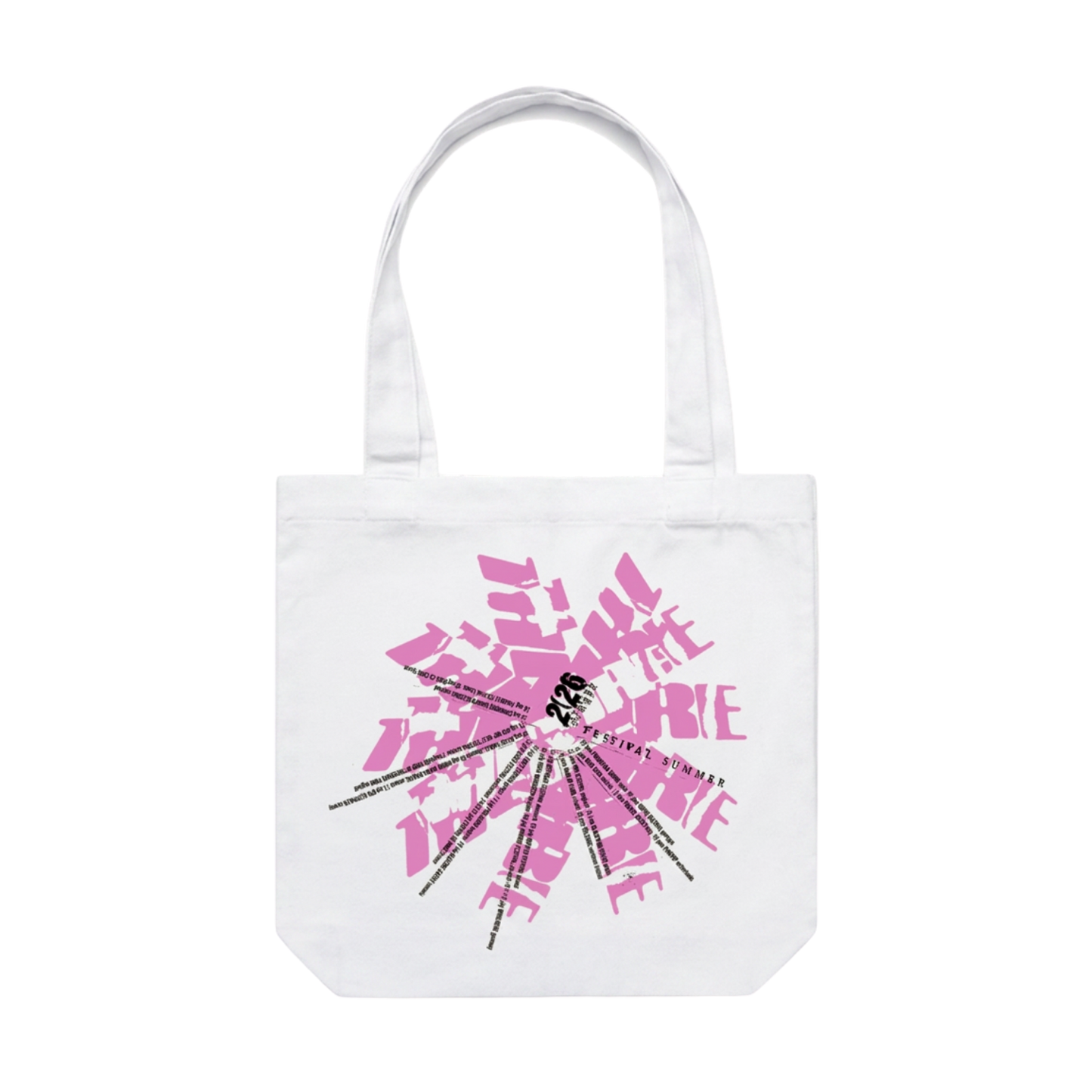 White tote bag featuring a pink and black design on the back with Festival Summer 2026 tour dates