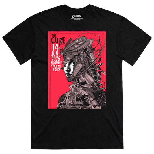 Black shirt featuring artwork of a woman composed of insects and vines and a building in front of a red background, with "The Cure" logo and Florence-specific event details on the top right. 