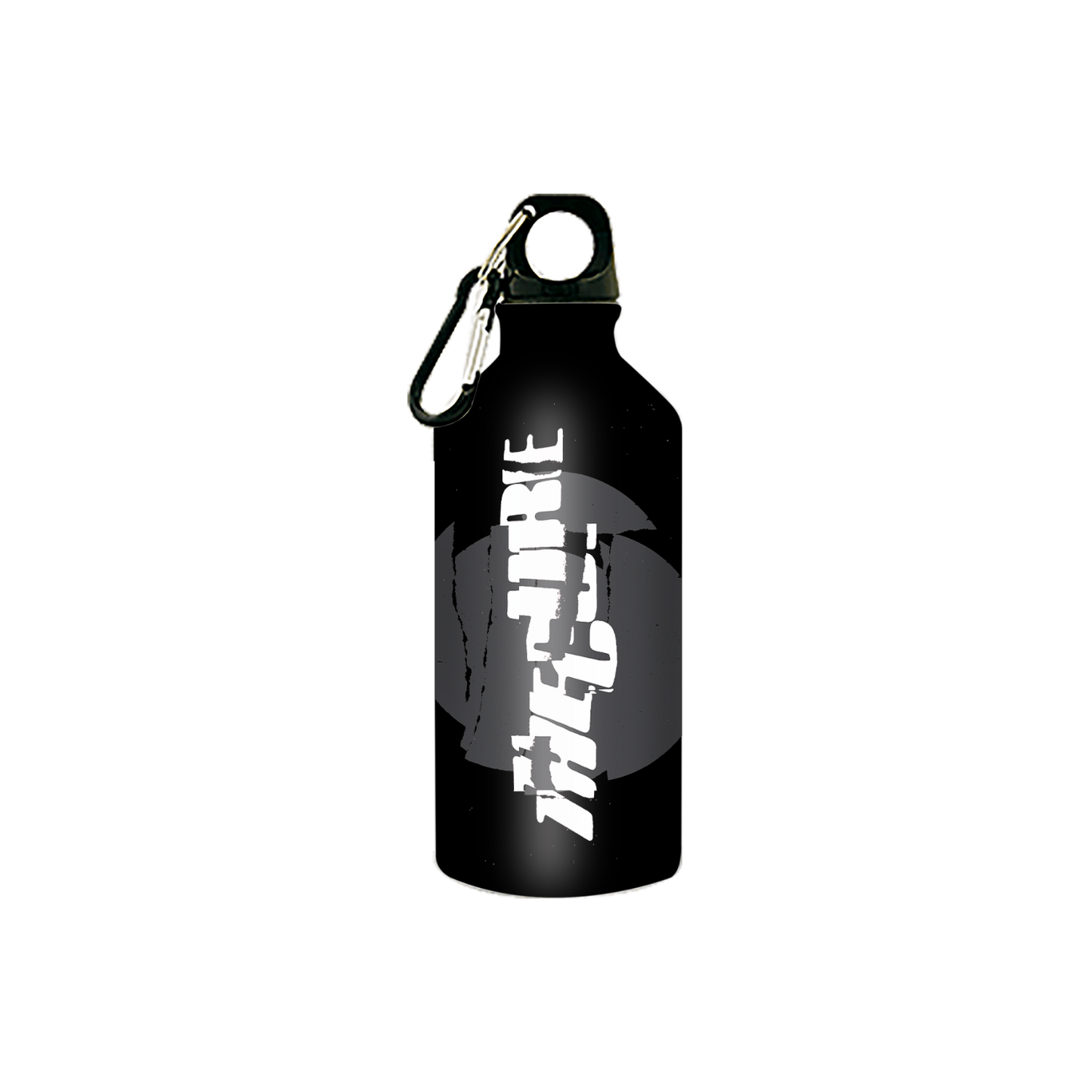 Black metal water bottle featuring a cracked "The Cure" logo in white over a grey circular design. 