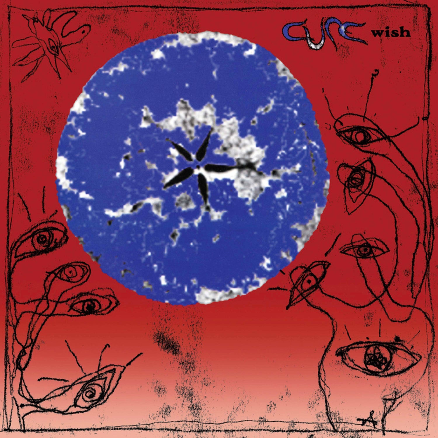 CD cover art featuring a blue compact disc with a white star design in the center, surrounded by red background and illustrations of eyes and abstract shapes.